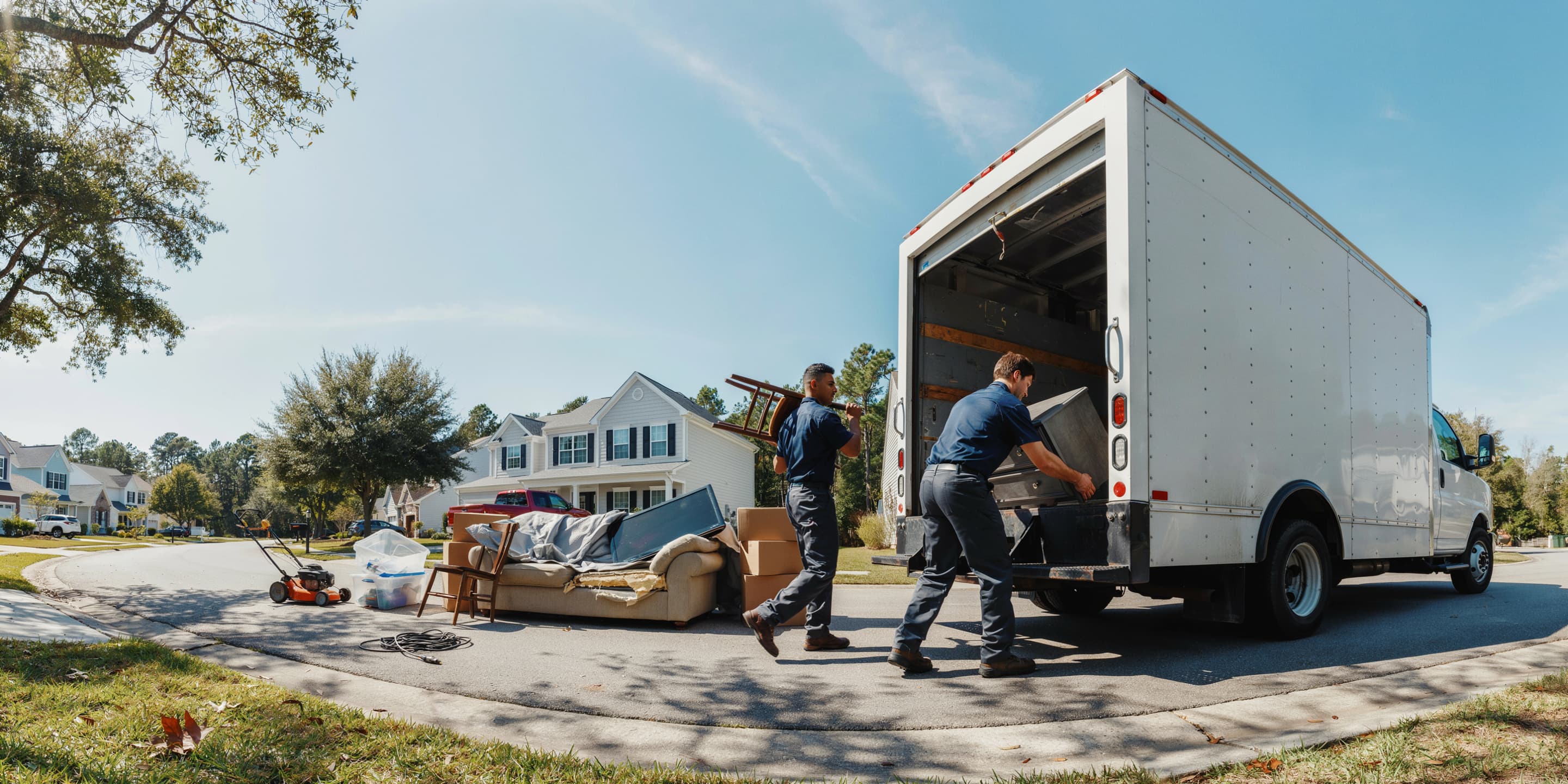Junk removal business owner reviewing Google Ads cost per lead benchmarks beside a loaded hauling truck