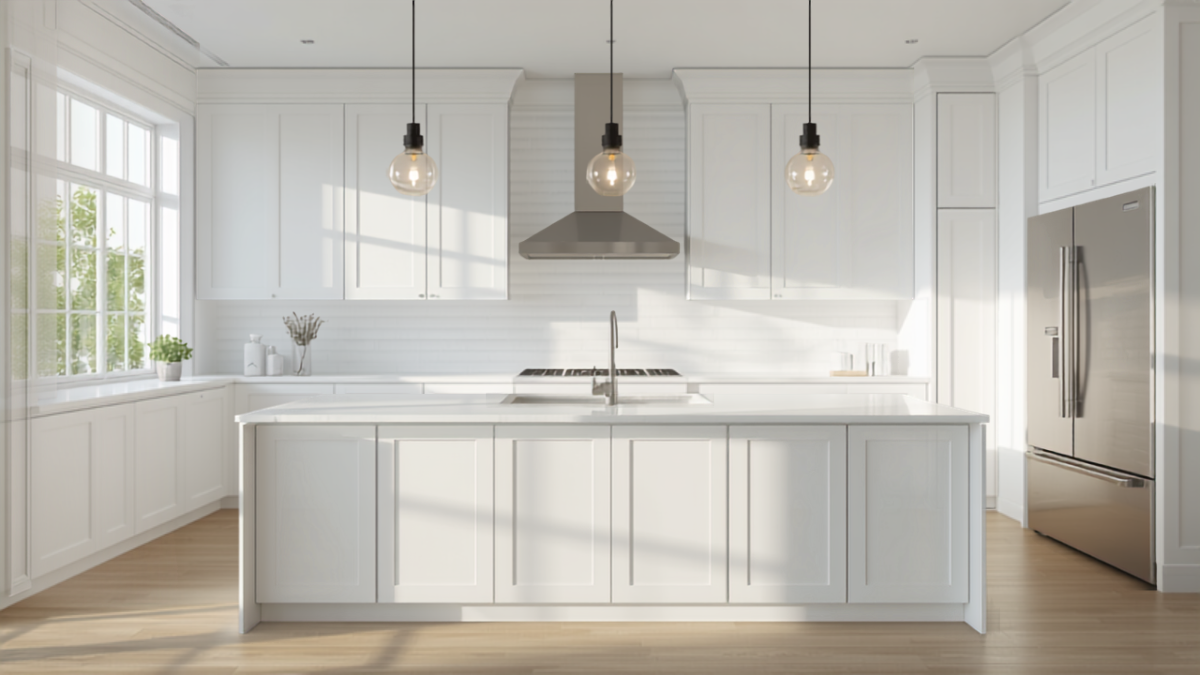 Freshly remodeled kitchen with white shaker cabinets, quartz countertops, and stainless steel appliances