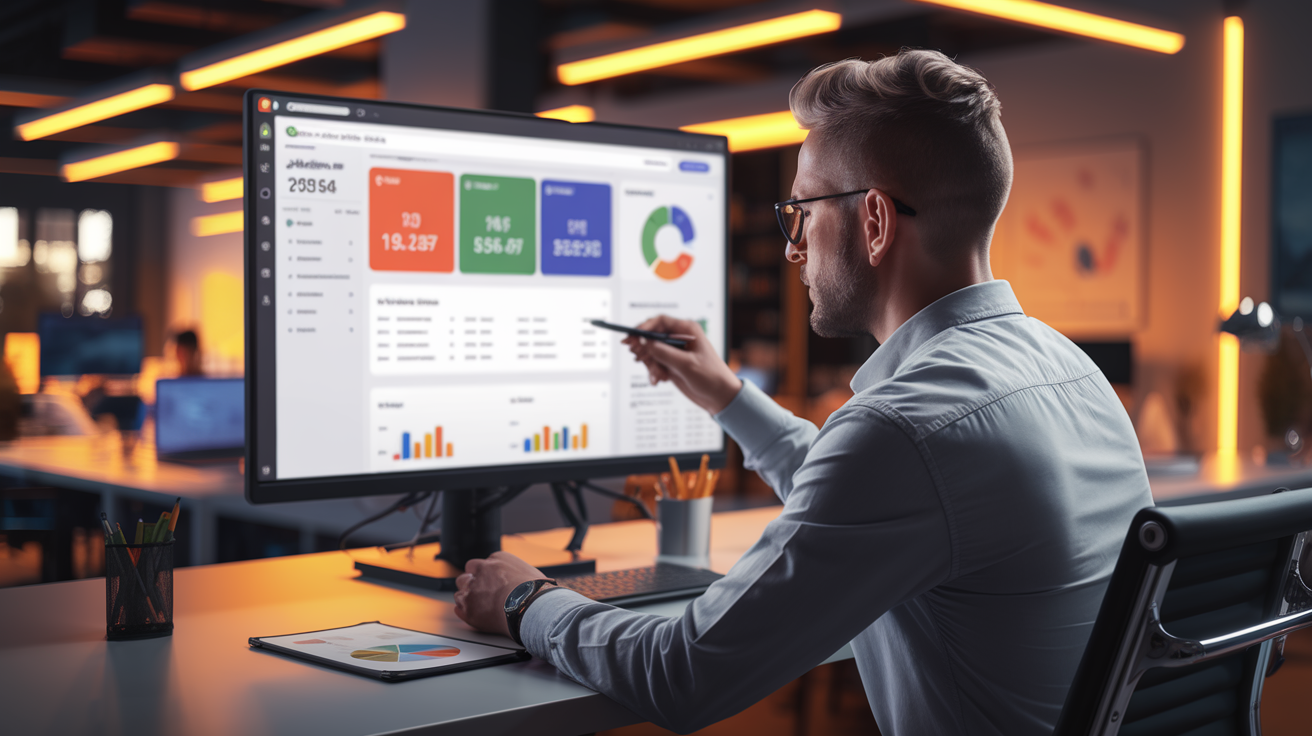 Business owner reviewing marketing analytics on phone for lawn care service