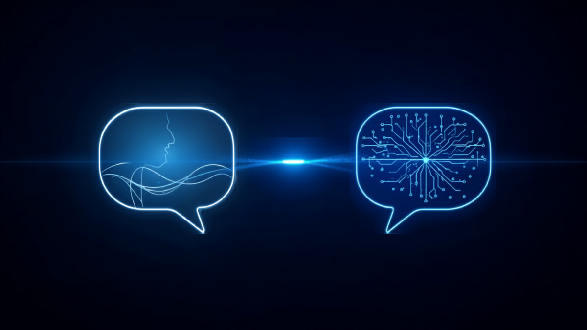 Two glowing chat bubbles, one human-outline and one circuit-pattern, connected by a beam of light