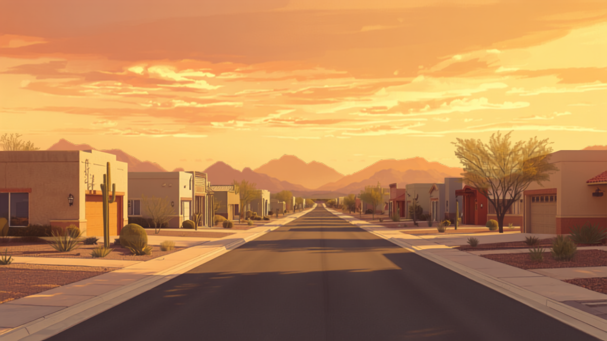 A quiet residential street in Maricopa, Arizona at golden hour with desert-toned homes and xeriscaped yards