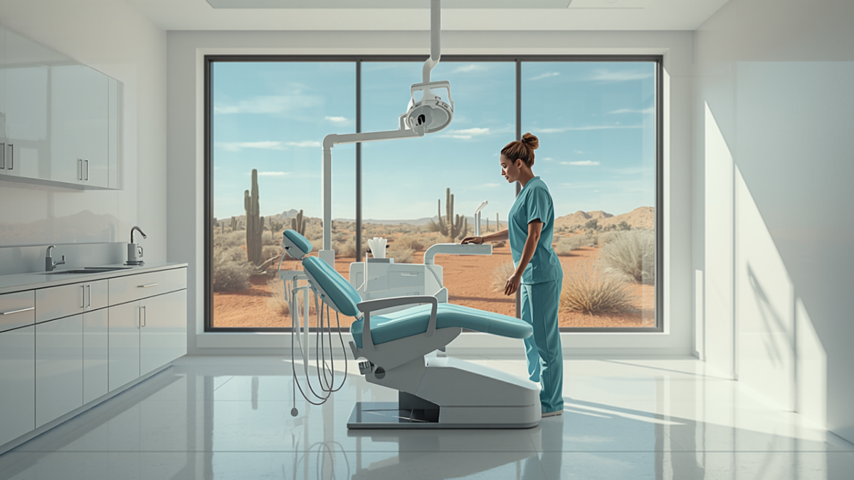 A dental hygienist in teal scrubs prepares a treatment chair in a bright, modern dental office with a large window overlooking saguaro cactus and the Arizona desert.