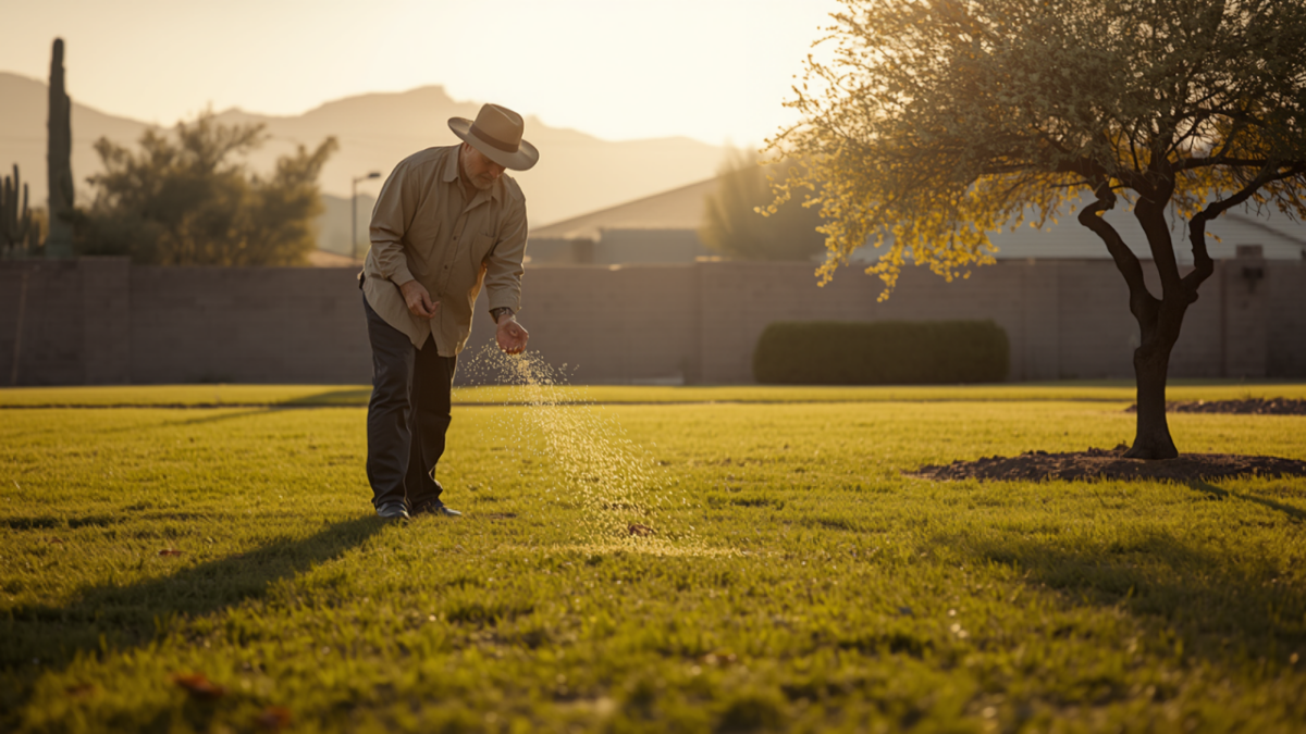A landscaper in a wide-brim hat hand-scatters grass seed across a green suburban lawn at golden hour, with a desert tree, block wall and Arizona mountains in the background.