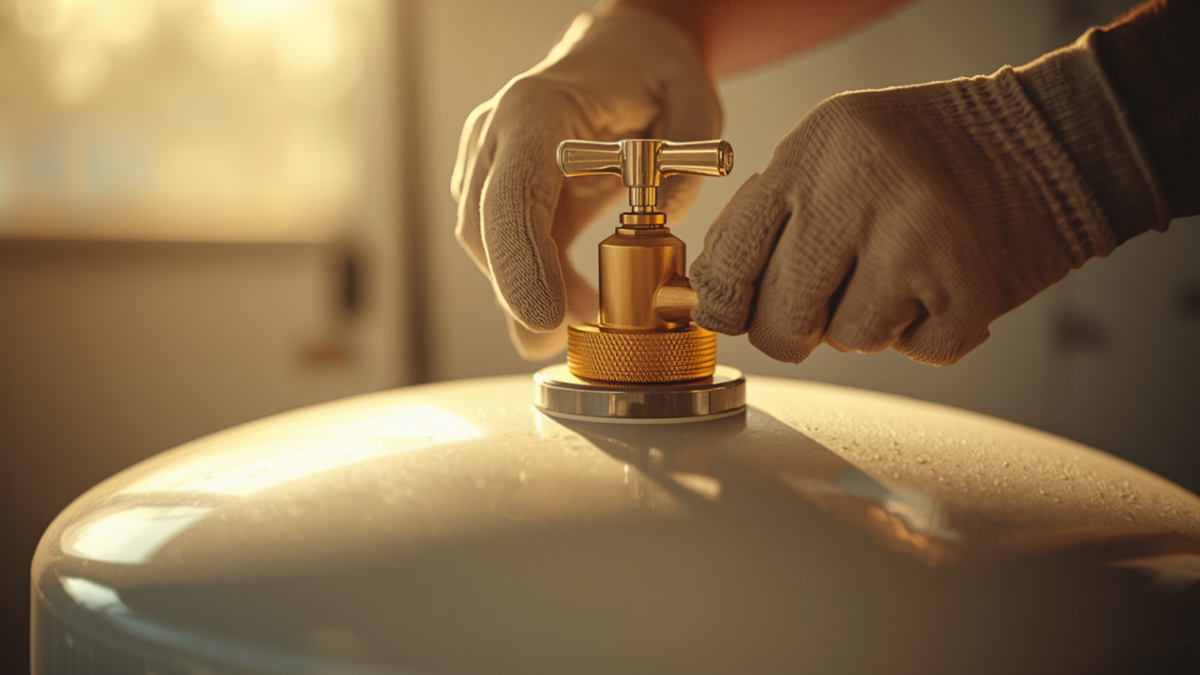 Close-up of a plumber's gloved hands tightening a polished brass valve on top of a new white water heater tank in warm window light.