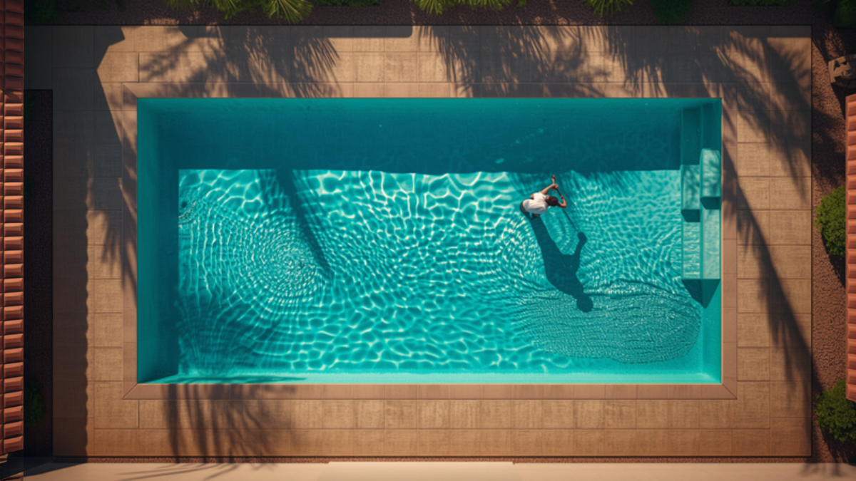 Overhead view of a turquoise backyard swimming pool framed by tan pavers and palm-tree shadows, with a pool technician in a white shirt working a long-handled brush in the water.