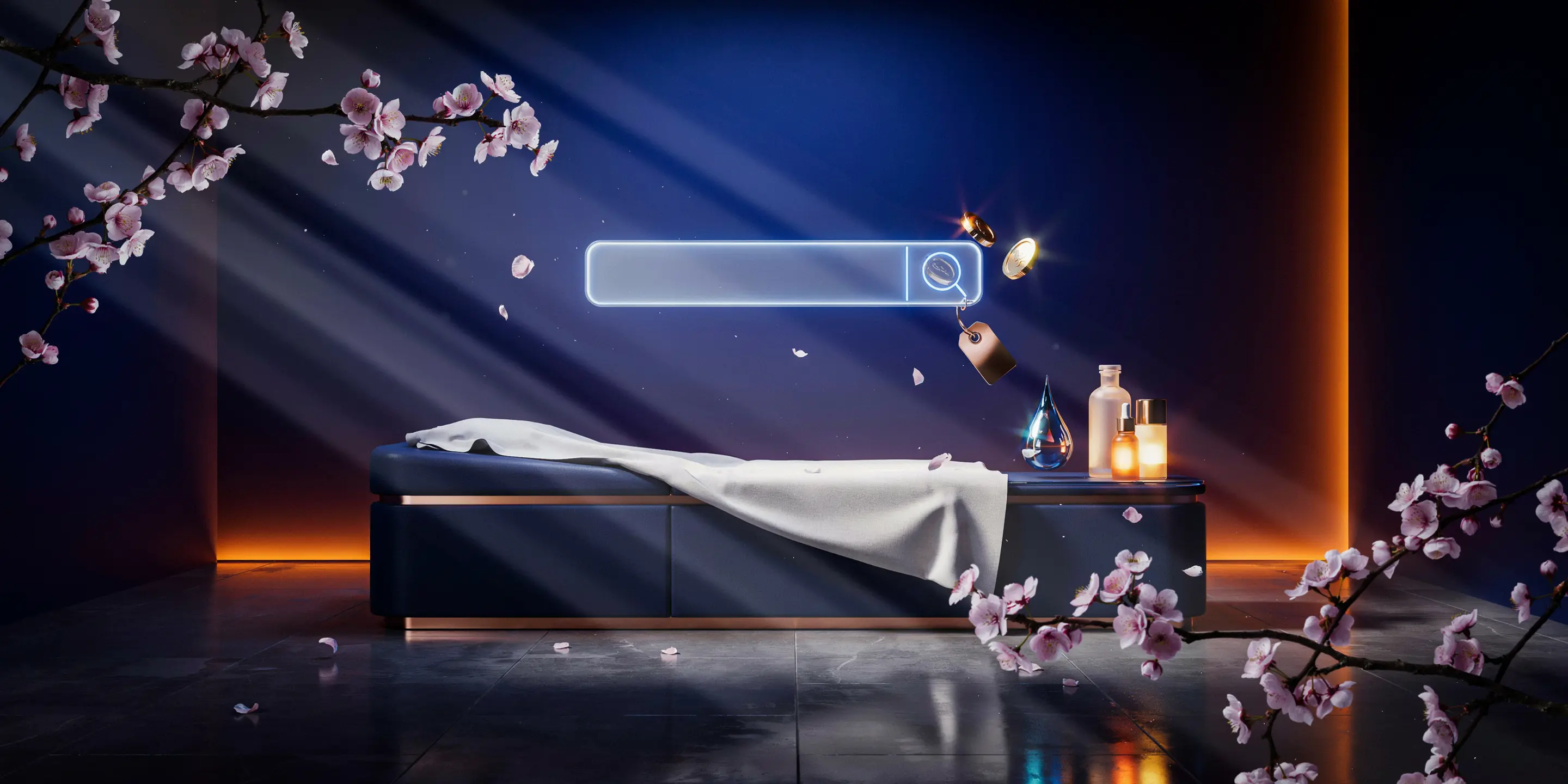 A luxurious med spa treatment room with floating gold coins and a glowing ad panel, illustrating med spa Google Ads cost per lead