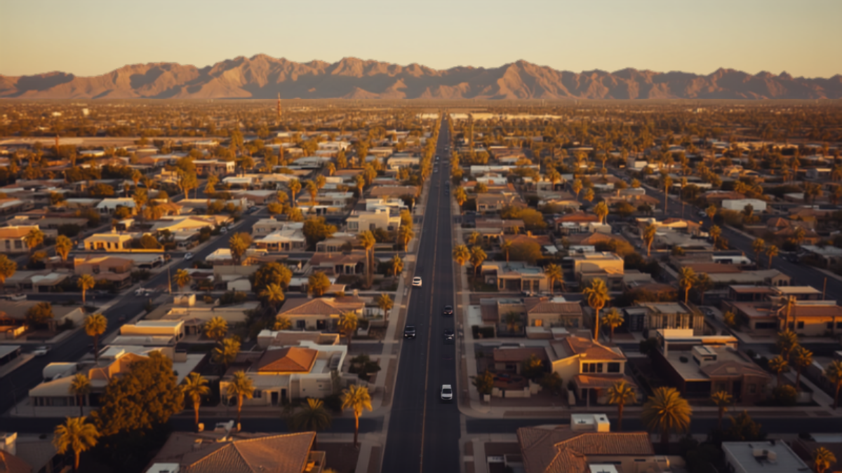 Aerial view of a sprawling Mesa, Arizona residential neighborhood at sunset, with a long straight road leading toward distant desert mountains.