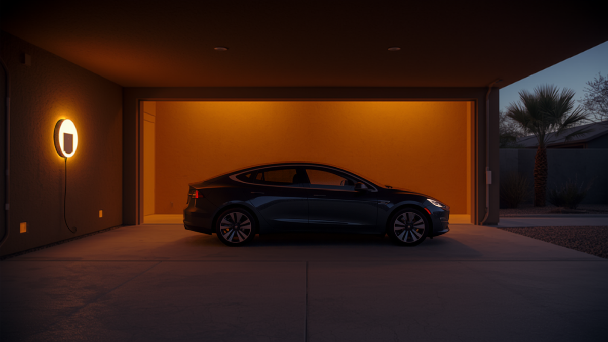A dark electric car parked in a warmly lit Arizona garage at dusk beside a glowing wall-mounted EV charger, with a palm tree silhouetted outside.