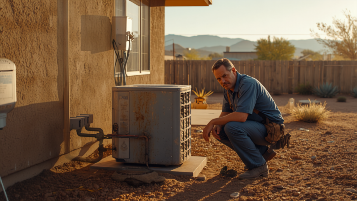 A technician crouches to inspect an aging outdoor air conditioning condenser unit beside an older stucco Arizona home, desert backyard and mountains in the background.