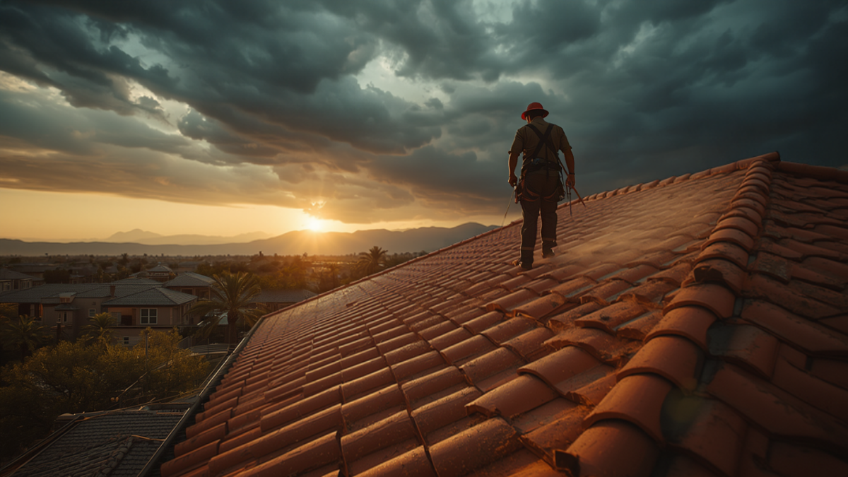 A roofer in a safety harness walks across a clay tile roof as dark monsoon storm clouds gather over a desert neighborhood at sunset.