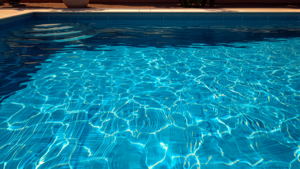 Close-up view of a sunlit backyard swimming pool with rippling turquoise water and tiled edges.