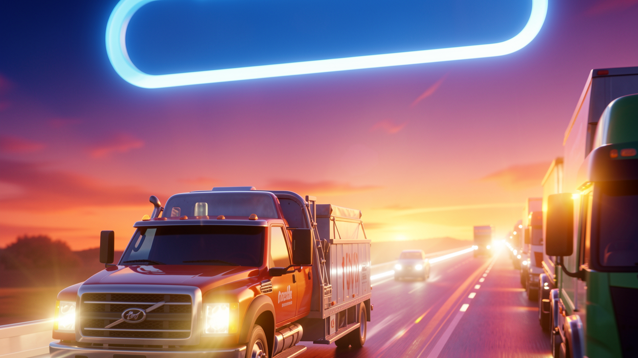 A contractor truck speeding past stuck competitors toward a glowing search bar, illustrating Microsoft Ads for home services