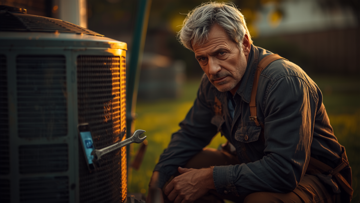 HVAC technician crouched beside an outdoor condenser unit at golden hour, unaware of an incoming call glowing on a smartphone tucked in his tool belt