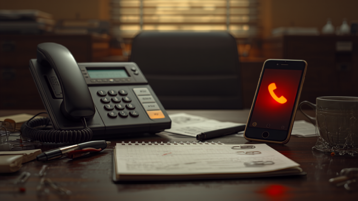 An office desk phone and a glowing red missed-call notification on a smartphone sit unanswered on a small-business front desk