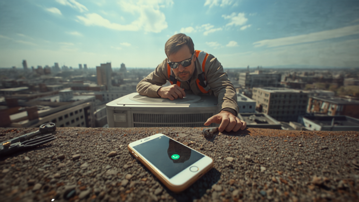 HVAC technician leaning over a rooftop condenser unit high above a city skyline while a smartphone rings unanswered on the ledge nearby