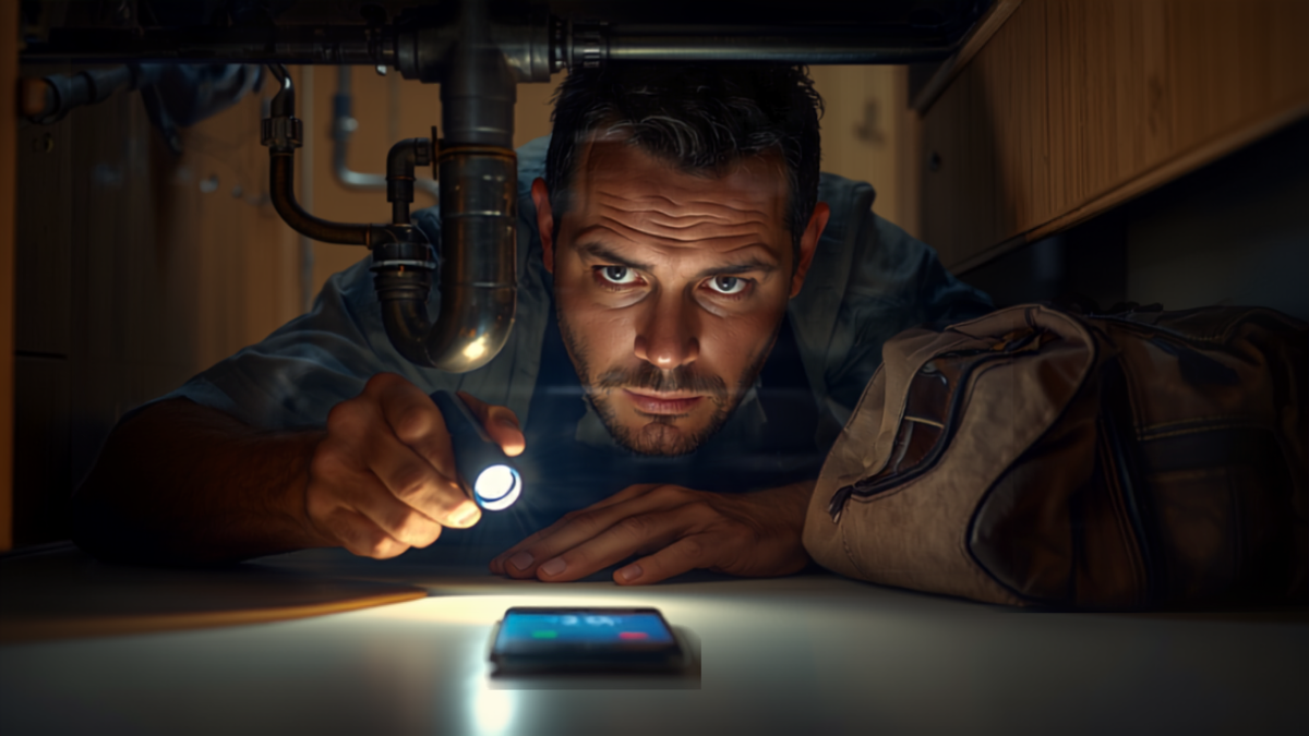 A plumber working under a kitchen sink with a flashlight while an incoming call rings unanswered on his phone on the floor beside his tool bag
