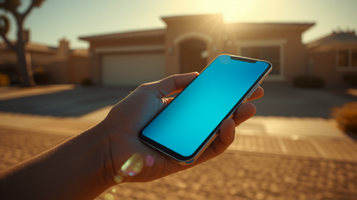A hand holding a smartphone outdoors in bright desert sunlight in front of a suburban home