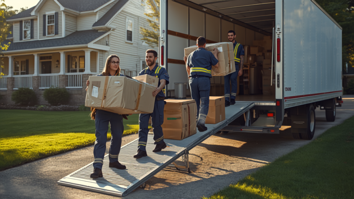 A team of uniformed moving company workers carrying boxes and furniture up a ramp into a moving truck outside a suburban house