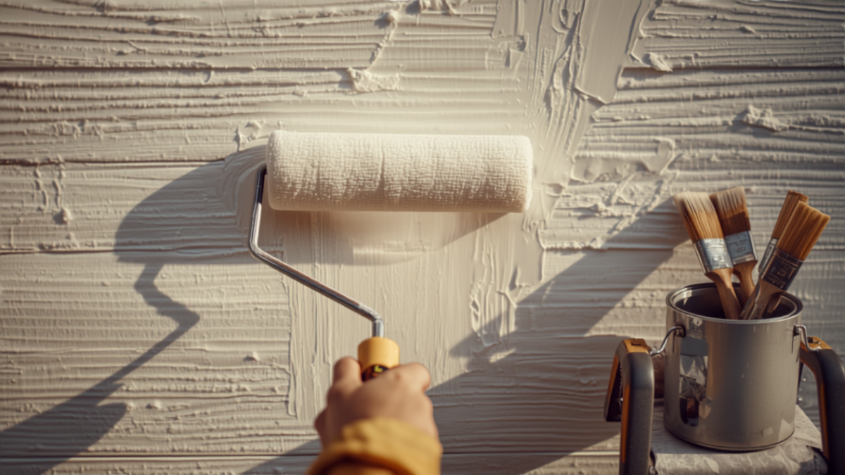 Close-up of a painting contractor applying fresh paint with a roller to a textured residential exterior wall, brushes and a paint can nearby