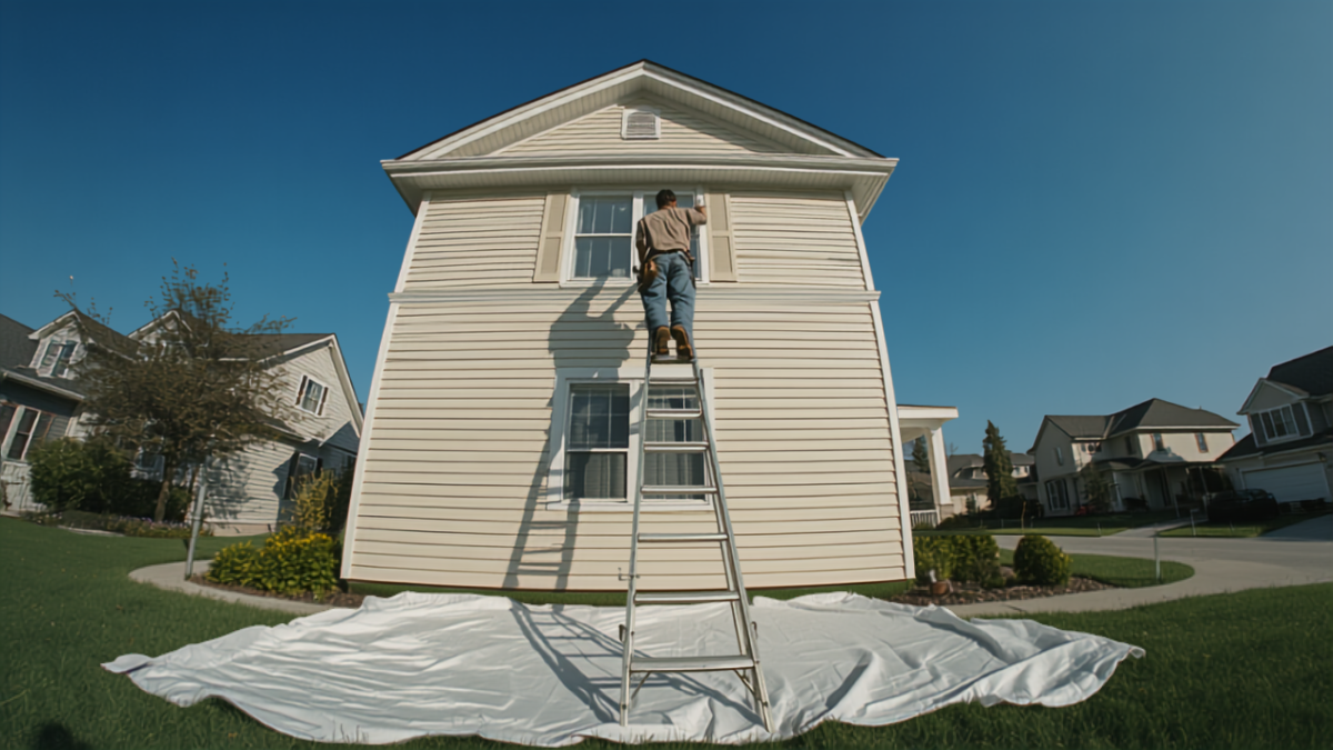 A painting contractor on a tall extension ladder painting the trim and eaves of a two-story residential house exterior, drop cloths spread on the lawn below