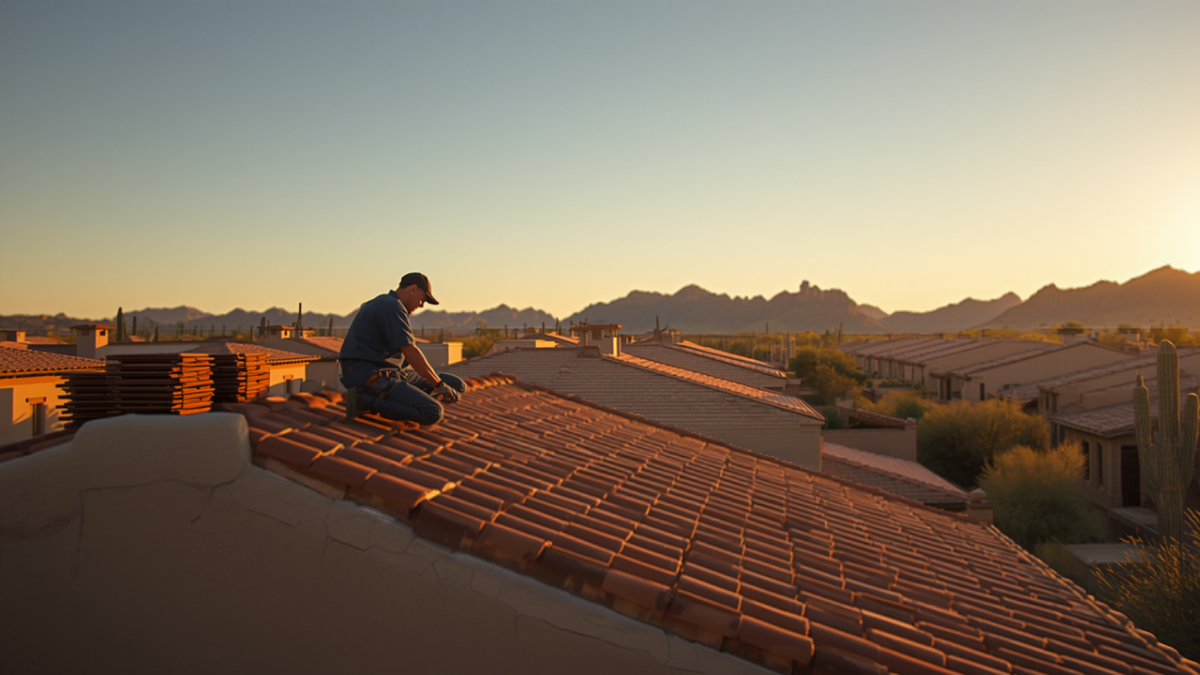 Roofer kneeling on a terracotta tile roof beside stacked tiles at golden hour, overlooking an Arizona desert subdivision with saguaros and mountains.