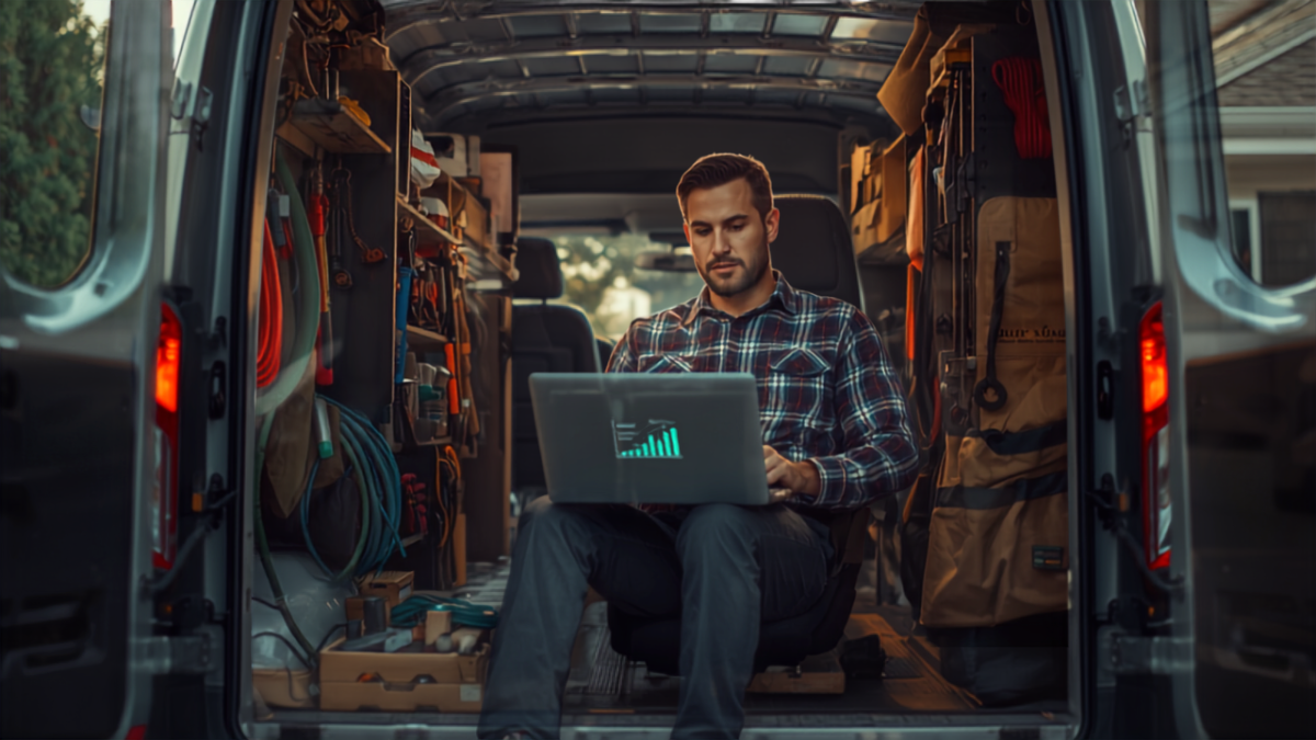 A home service contractor sitting in the back of his fully stocked work van reviewing a campaign performance chart on a laptop