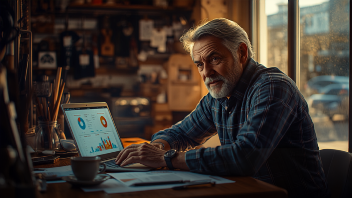 A local small-business owner reviewing marketing performance charts and graphs on a laptop at a desk inside his shop, storefront window in the background
