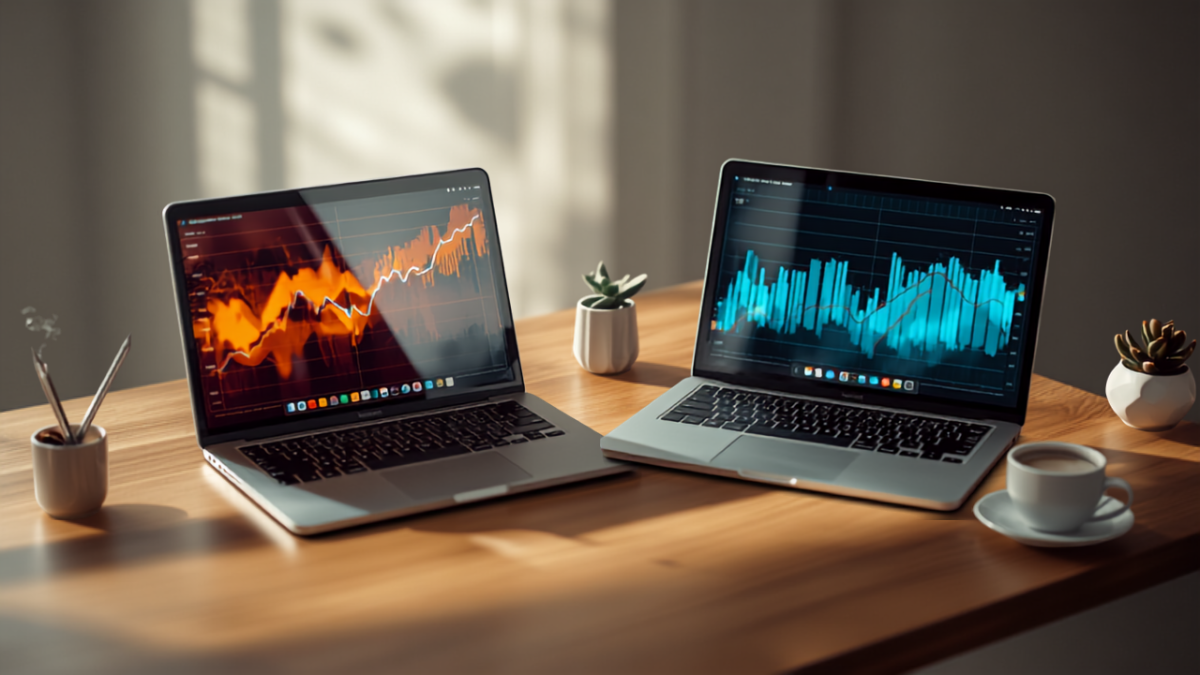 Two laptops side by side on an office desk each displaying a different colored campaign performance graph, representing a comparison of two advertising strategies