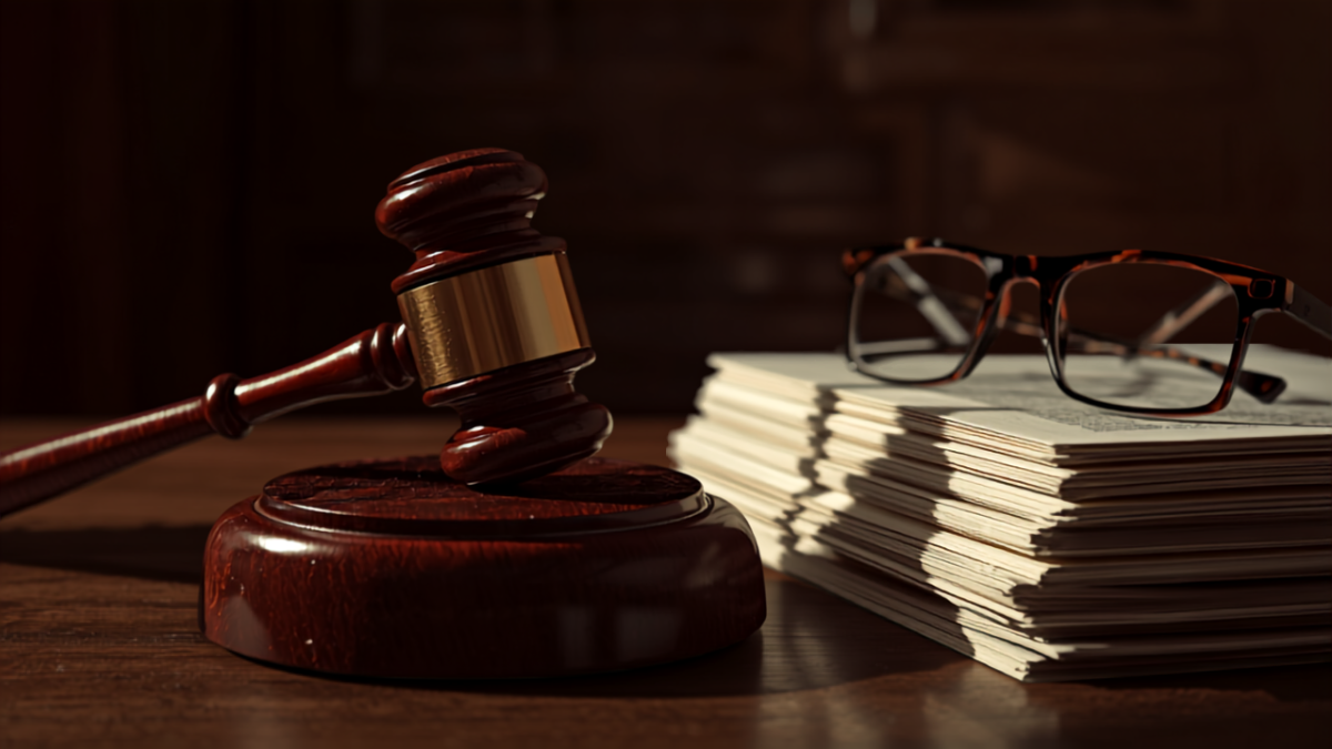 Close-up of a wooden gavel and a stack of legal documents with reading glasses on an attorney's desk