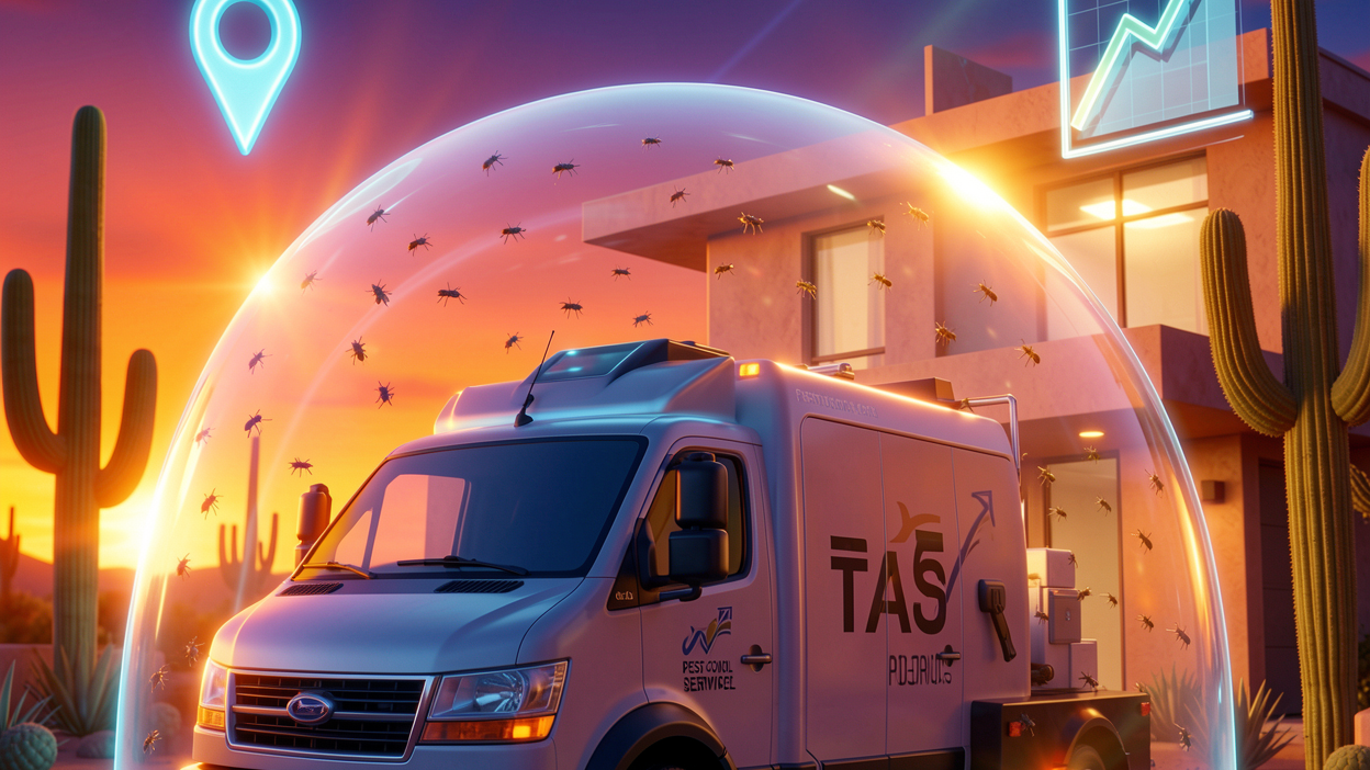 A pest control van shielding a Phoenix desert home under a glowing protective dome at sunset