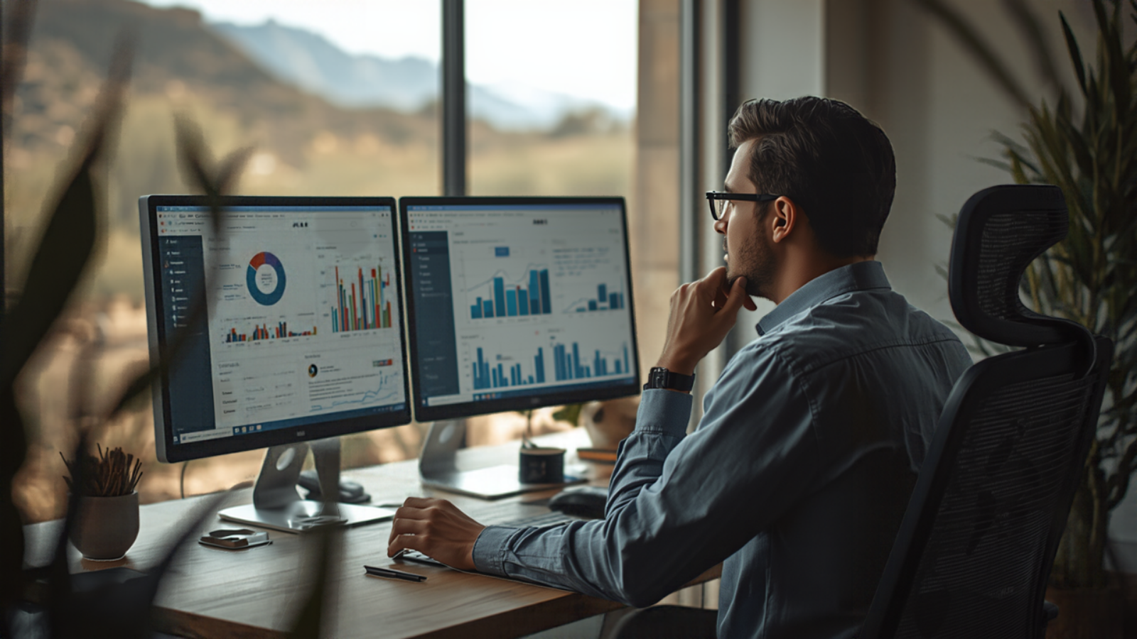 A business owner at a desk in a bright Arizona office studies website analytics charts on two monitors, with desert mountains visible through the window.