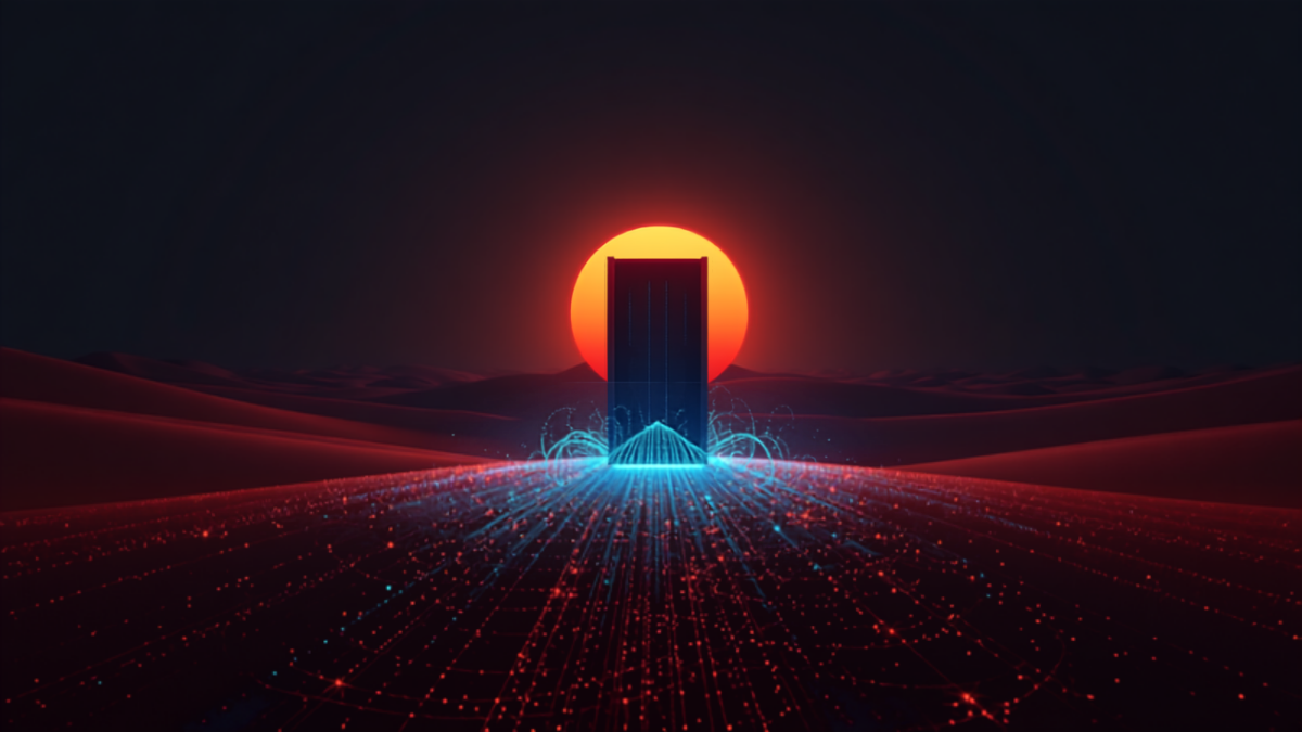 Glowing server silhouette against a red desert horizon with a rising sun, representing a website under a sudden traffic surge