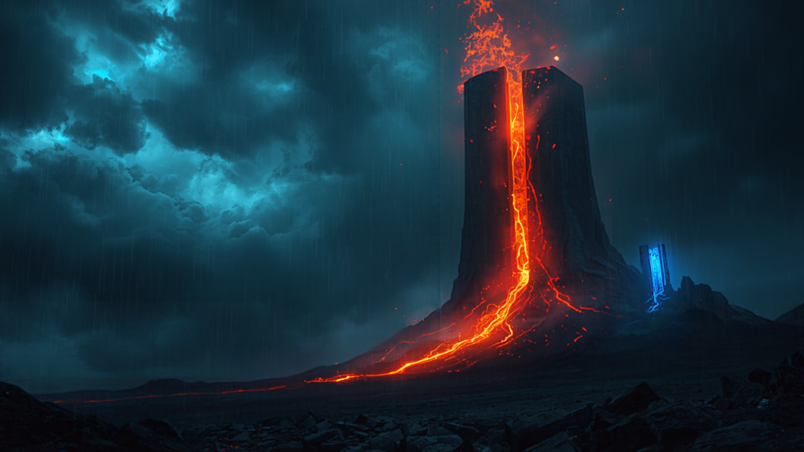 A dark monolith splitting open from the base with a glowing lava crack under a stormy sky, a metaphor for a flaw in the PHP layer beneath websites