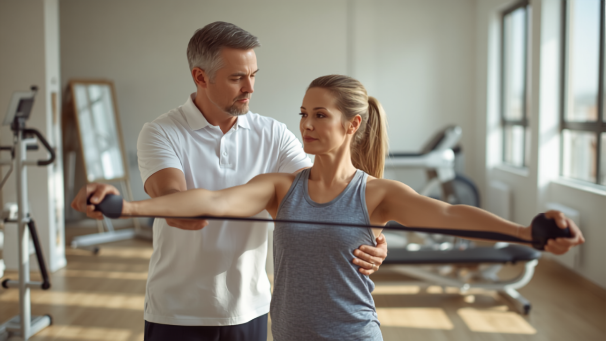 Physical therapist guiding a patient through a resistance-band rehabilitation exercise in a bright clinic