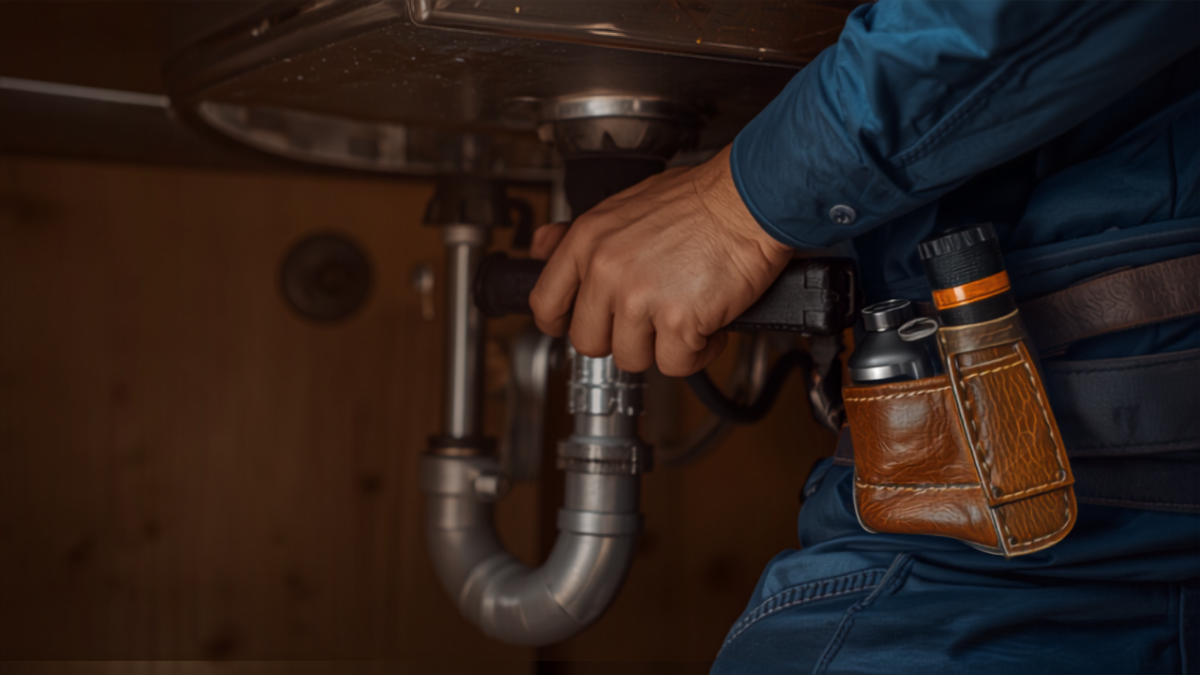 Plumber using a wrench to repair pipes under a kitchen sink