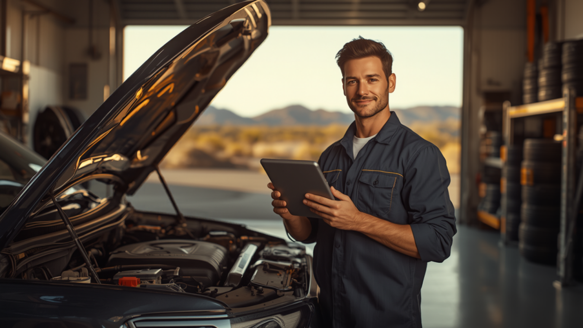 An auto technician holding a tablet stands beside a car with its hood open in a repair shop with tire racks and a desert view through the bay door.