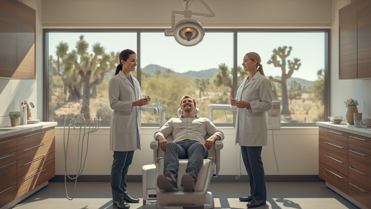 Two smiling dental professionals with a relaxed patient in a bright, modern dental office whose large windows look out on Arizona desert trees and mountains.