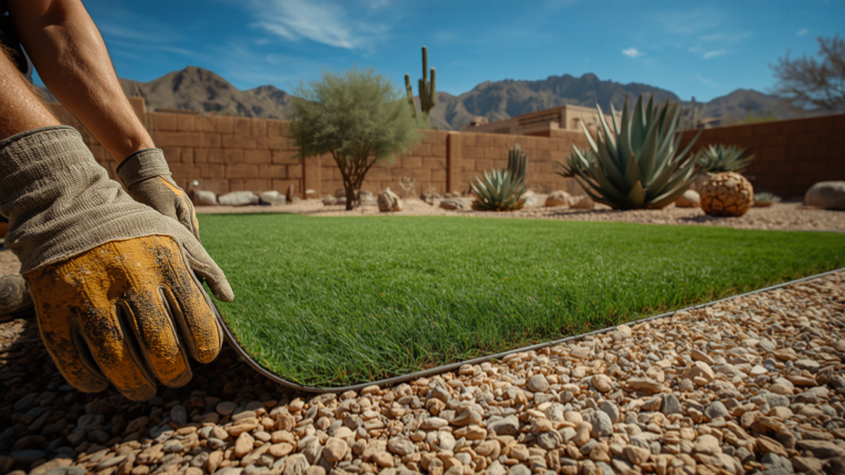 Gloved hands of a landscaper laying a strip of artificial turf beside desert gravel in an Arizona backyard with agave, saguaro and mountains behind a block wall.