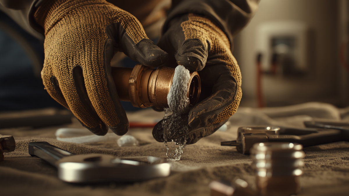 Close-up of a plumber's gloved hands holding a copper pipe fitting clogged with white hard-water mineral scale, with wrenches and fittings on a work cloth.