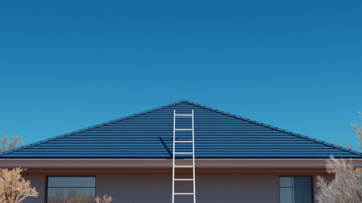 A pitched tile roof of a suburban Arizona home against a clear blue sky, with a ladder leaning against the peak.