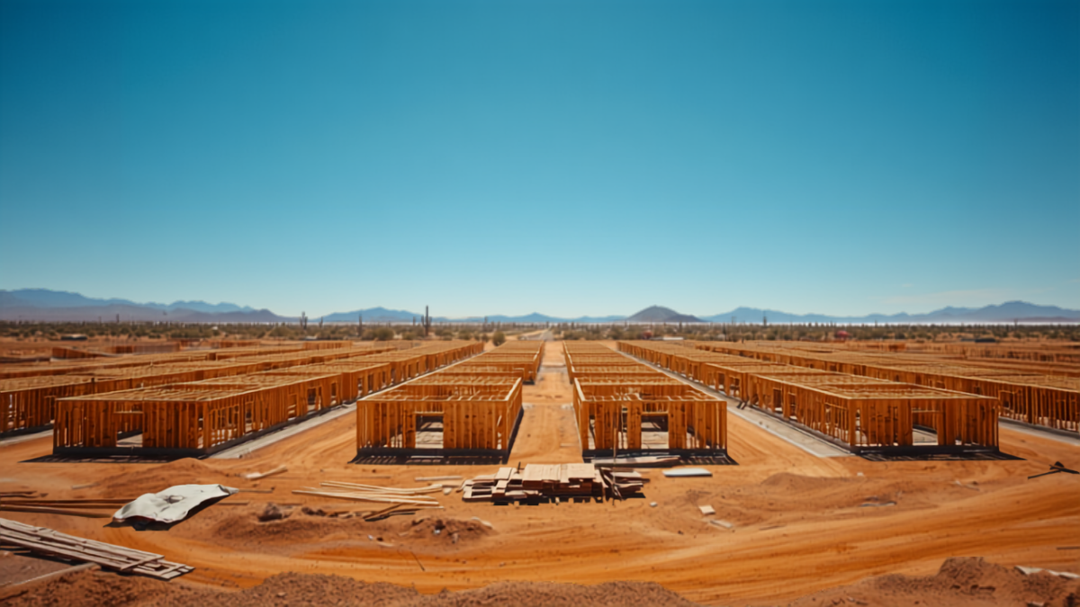 New suburban housing development under construction in the Arizona desert, with wood-framed homes and desert mountains in the background