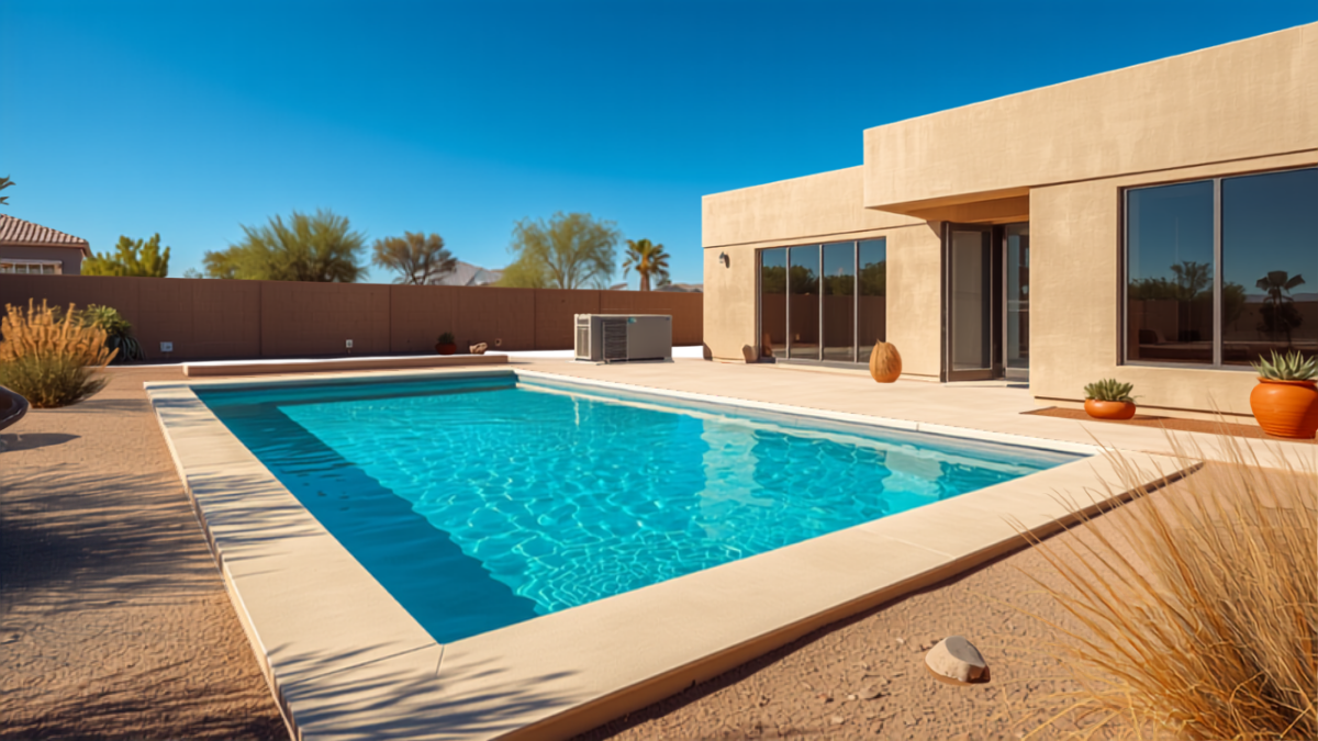 A modern Arizona home with a sparkling turquoise backyard pool, HVAC condenser unit, desert landscaping, and clear blue sky.