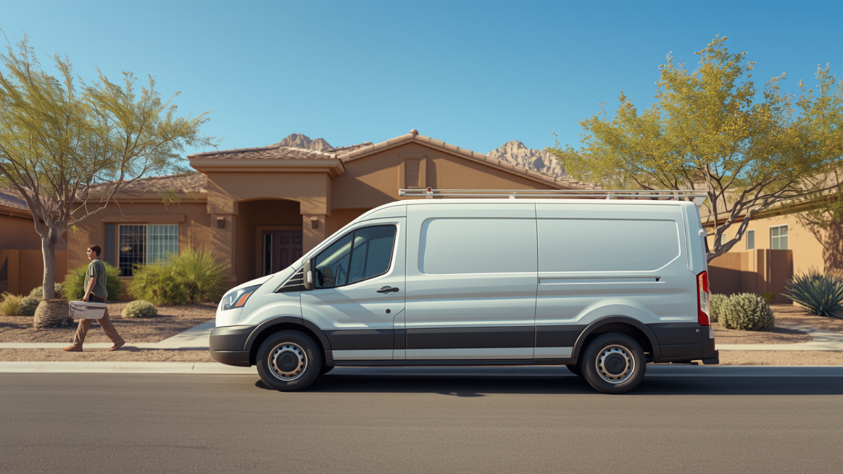 Plain white service van parked in front of a stucco home in a sunny Arizona neighborhood while a technician carrying a toolbox walks toward the house.