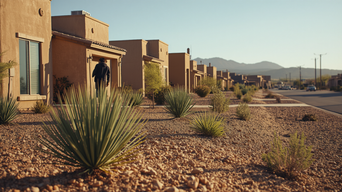 A row of new stucco homes with fresh desert landscaping and gravel yards stretches toward distant mountains in a growing subdivision.
