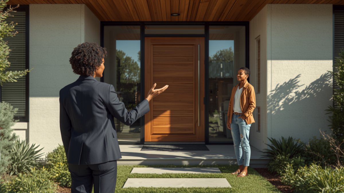 Real estate agent showing a modern home entrance to a prospective buyer on a sunny day
