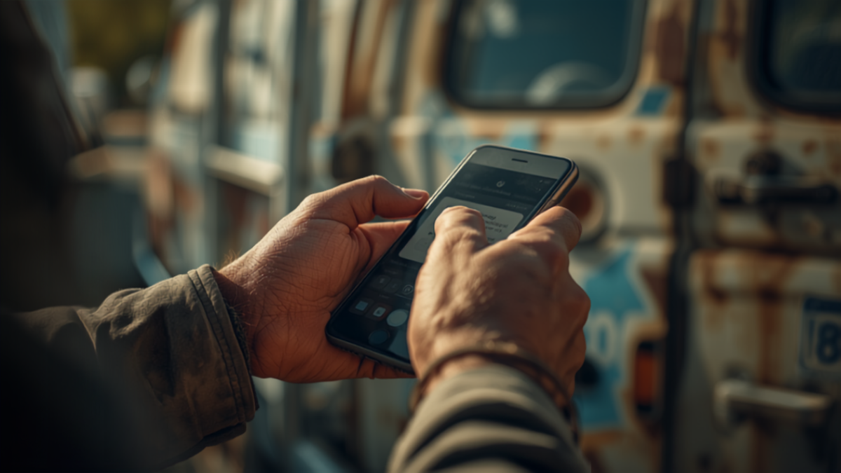 Close-up of a contractor checking a smartphone notification while standing near a work van