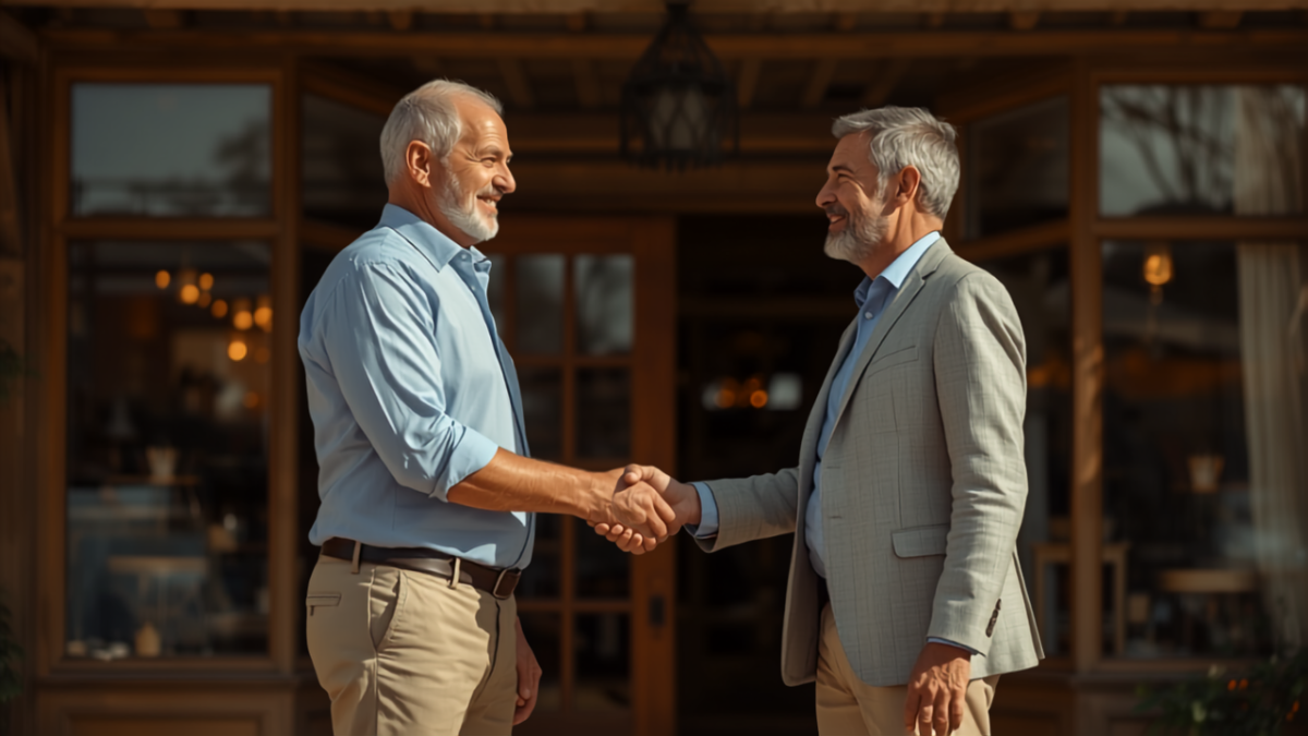 Two small business owners shaking hands outside a storefront after a referral introduction
