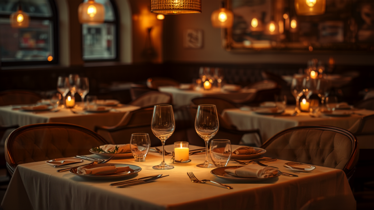 Elegant restaurant dining room set for dinner service with candlelight and wine glasses