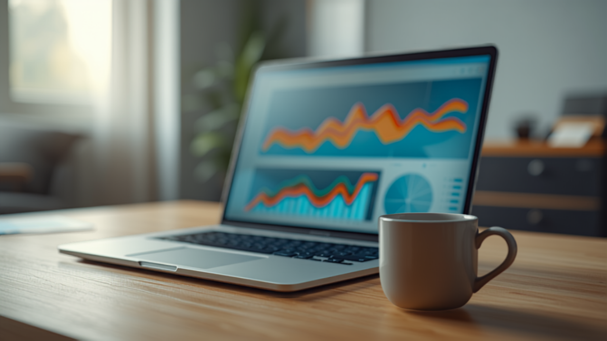 Laptop on an office desk displaying a generic marketing analytics dashboard with colorful trend charts