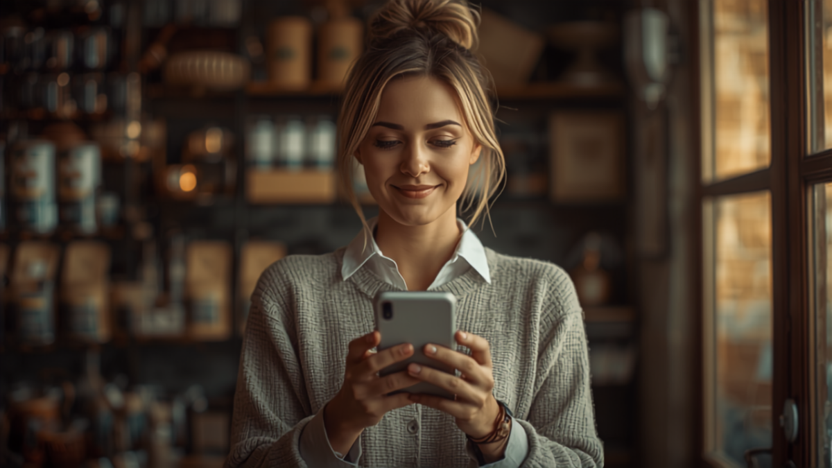 Small business owner smiling while checking reviews on her smartphone inside her shop